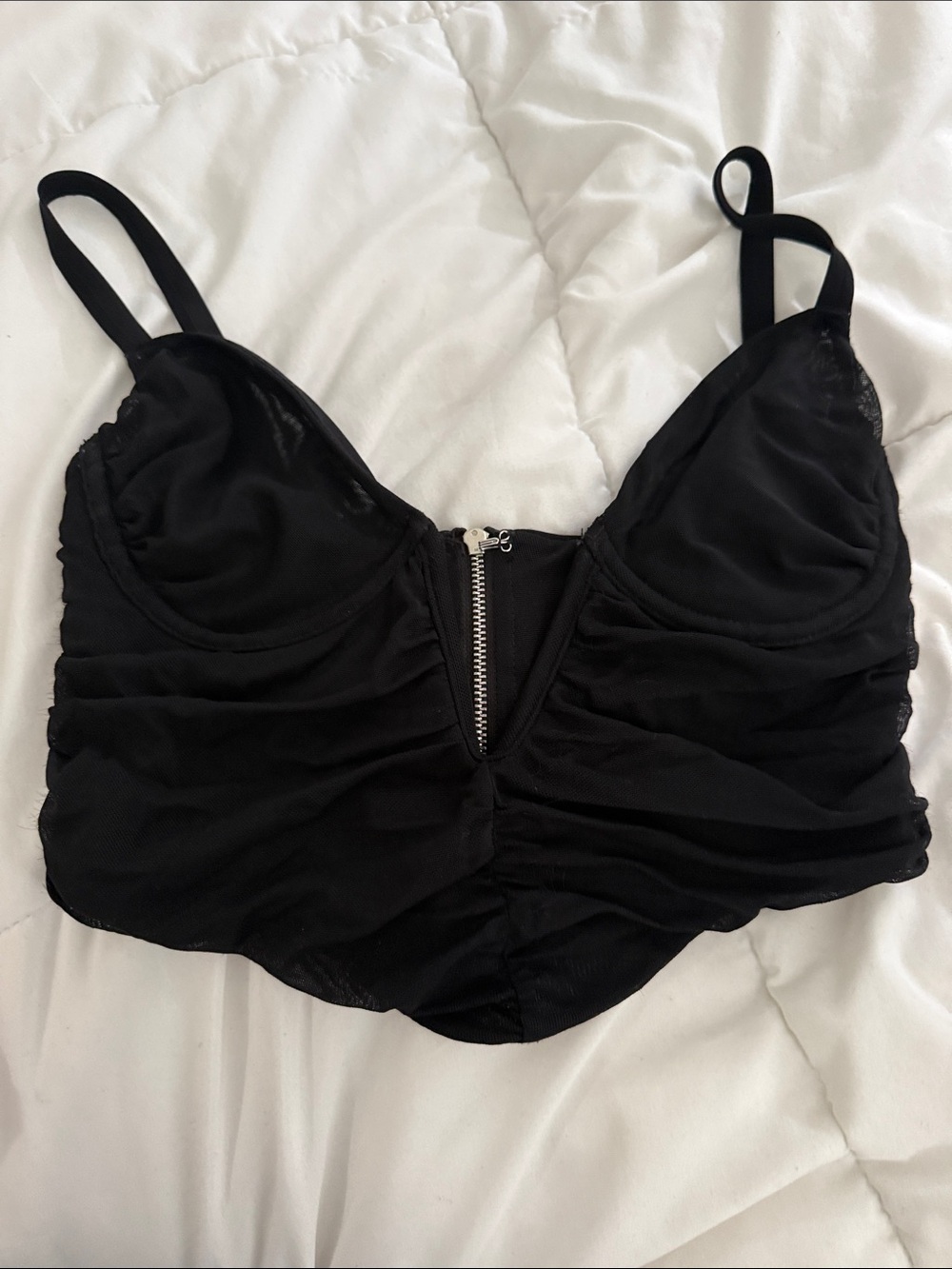 White Fox Boutique Black Ruched Mesh Zip-Front Brami